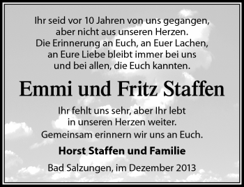 Traueranzeige von Emmi und Fritz Staffen von Südthüringer Presse