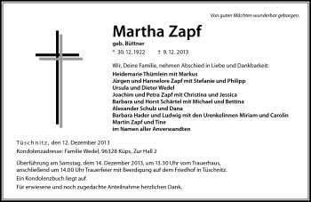 Traueranzeige von Martha Zapf von Neue Presse Coburg