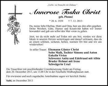 Traueranzeige von Annerose toska Christ von Südthüringer Presse