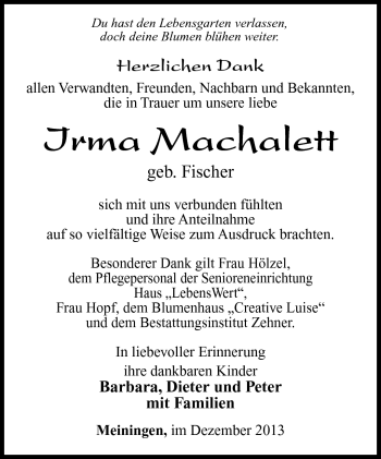 Traueranzeige von Irma Machalett von Südthüringer Presse