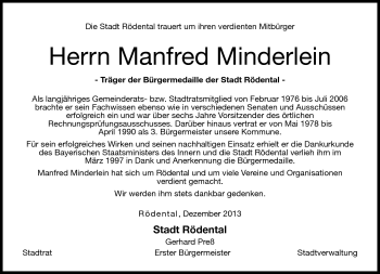 Traueranzeige von Manfred Minderlein von Neue Presse Coburg