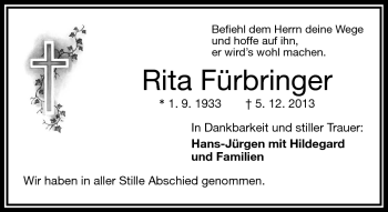 Traueranzeige von Rita Fürbringer von Frankenpost
