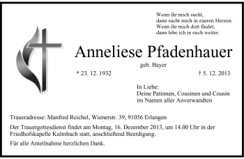 Traueranzeige von Anneliese Pfadenhauer von Frankenpost