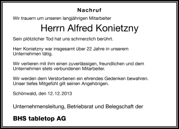 Traueranzeige von Alfred Konietzny von Frankenpost