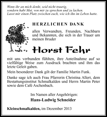 Traueranzeige von Horst Fehr von Südthüringer Presse