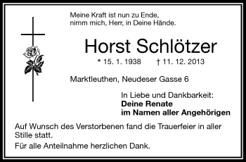 Traueranzeige von Horst Schlötzer von Frankenpost