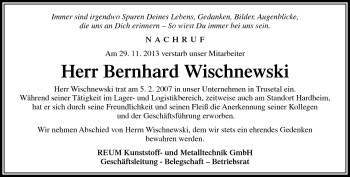 Traueranzeige von Bernhard Wischnewski von Südthüringer Presse