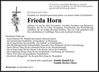 Traueranzeige von Frieda Horn von Südthüringer Presse
