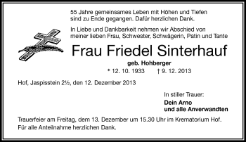 Traueranzeige von Friedel Sinterhauf von Frankenpost
