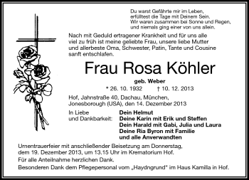 Traueranzeige von Rosa Köhler von Frankenpost