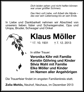 Traueranzeige von Klaus Möller von Südthüringer Presse