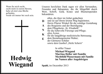 Traueranzeige von Hedwig Wiegand von Südthüringer Presse
