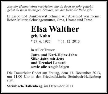 Traueranzeige von Else Walther von Südthüringer Presse