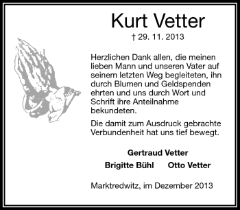 Traueranzeige von Kurt Vetter von Frankenpost