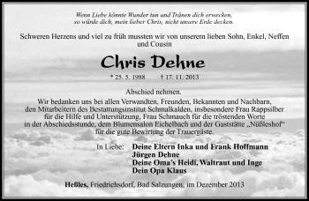 Traueranzeige von Chris Dehne von Südthüringer Presse