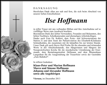 Traueranzeige von Ilse Hoffmann von Südthüringer Presse