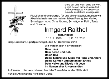 Traueranzeige von Irmgard Raithel von Frankenpost
