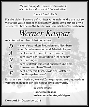 Traueranzeige von Werner Kaspar von Südthüringer Presse