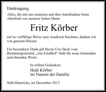 Traueranzeige von Fritz Körber von Südthüringer Presse