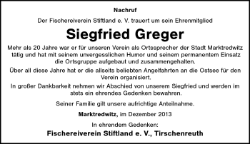 Traueranzeige von Siegfried Greger von Frankenpost