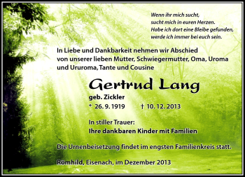 Traueranzeige von Gertrud Lang von Südthüringer Presse