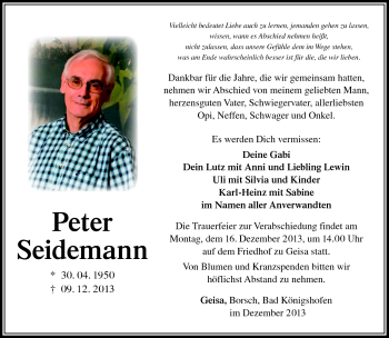 Traueranzeige von Peter Seidemann von Südthüringer Presse