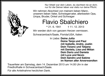 Traueranzeige von Flavio Sbalchiero von Frankenpost