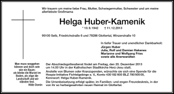 Traueranzeige von Helga Huber-Kamenik von Frankenpost