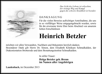 Traueranzeige von Heinrich Betzler von Südthüringer Presse