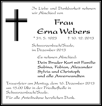 Traueranzeige von Erna Webers von Frankenpost