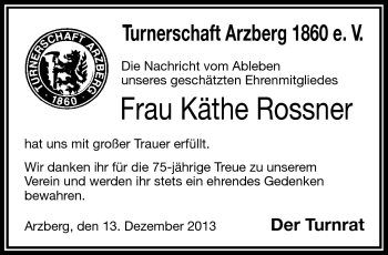 Traueranzeige von Käthe Rossner von Frankenpost