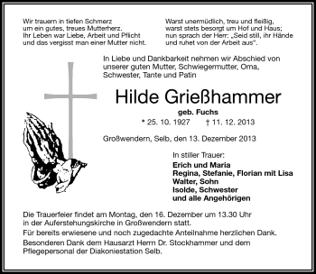 Traueranzeige von Hilde Grießhammer von Frankenpost
