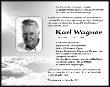 Traueranzeige von Karl Wagner von Südthüringer Presse