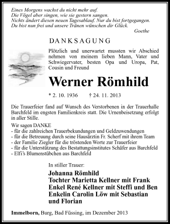 Traueranzeige von Werner Römhild von Südthüringer Presse