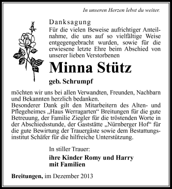 Traueranzeige von Minna Stütz von Südthüringer Presse