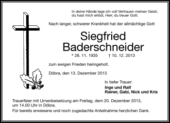 Traueranzeige von Siegfried Baderschneider von Frankenpost