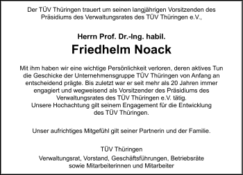 Traueranzeige von Friedhelm Noack von Südthüringer Presse