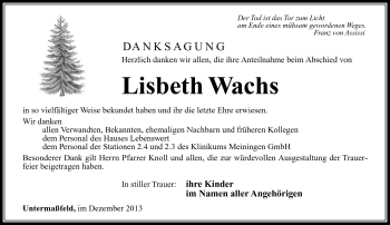Traueranzeige von Lisbeth Wachs von Südthüringer Presse