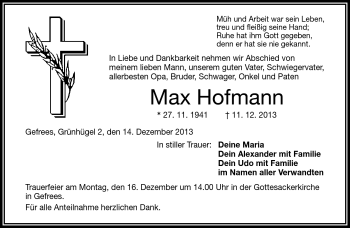 Traueranzeige von Max Hofmann von Frankenpost