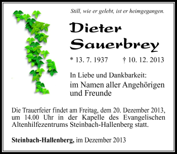 Traueranzeige von Dieter Sauerbrey von Südthüringer Presse