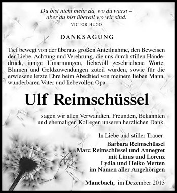 Traueranzeige von Ulf Reimschüssel von Südthüringer Presse