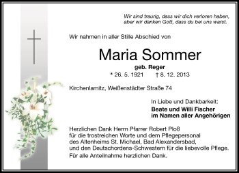 Traueranzeige von Maria Sommer von Frankenpost