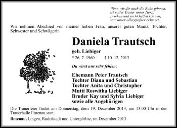 Traueranzeige von Daniela Trautsch von Südthüringer Presse