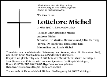 Traueranzeige von Lottelore Michel von Südthüringer Presse