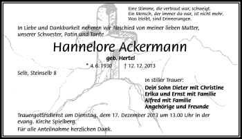 Traueranzeige von Hannelore Ackermann von Frankenpost