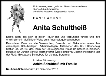 Traueranzeige von Anita Schultheiß von Südthüringer Presse