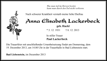 Traueranzeige von Anna Elisabeth Lackerbeck von Südthüringer Presse