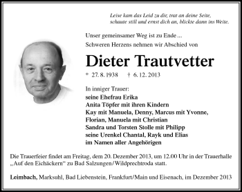 Traueranzeige von Dieter Trautvetter von Südthüringer Presse