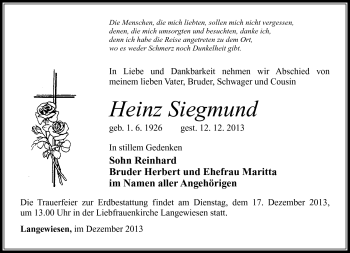 Traueranzeige von Heinz Siegmund von Südthüringer Presse