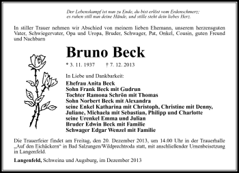 Traueranzeige von Bruno Beck von Südthüringer Presse